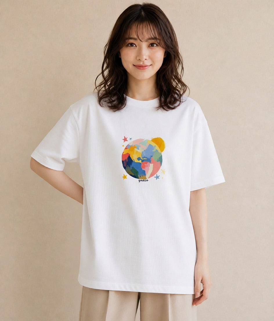 デザインTシャツ レディース 地球 星空 宇宙 イラスト 水彩風 女性 旅行用 白T YMAZO