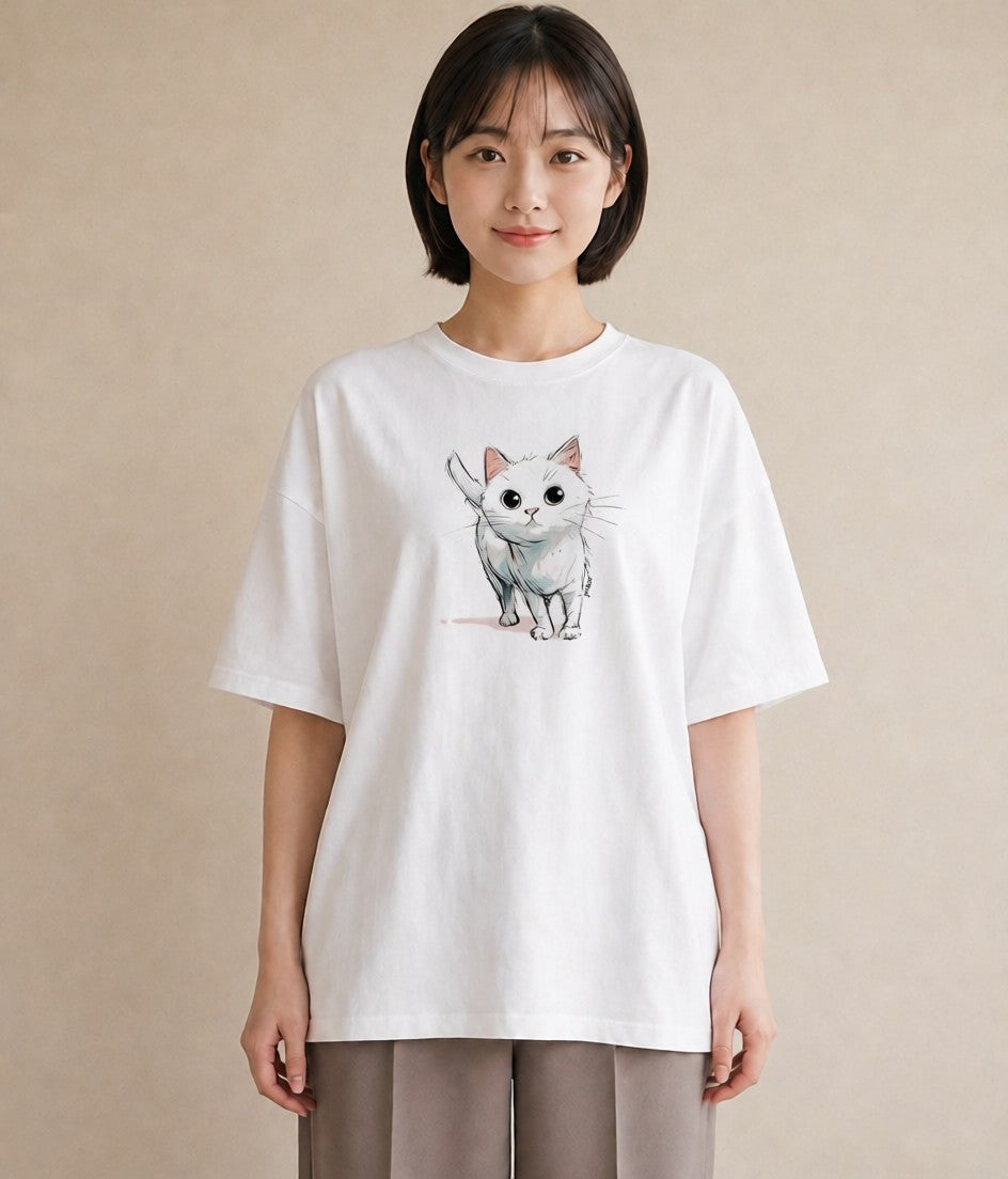 Tシャツ レディース 白猫 猫 ねこ イラスト ユニーク 姉妹 送別ギフト 白T YMAZO