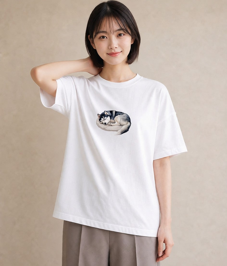Tシャツ レディース シベリアンハスキー 犬 いぬ イラスト 抜け感 誕生日プレゼント 綿100 白T YMAZO