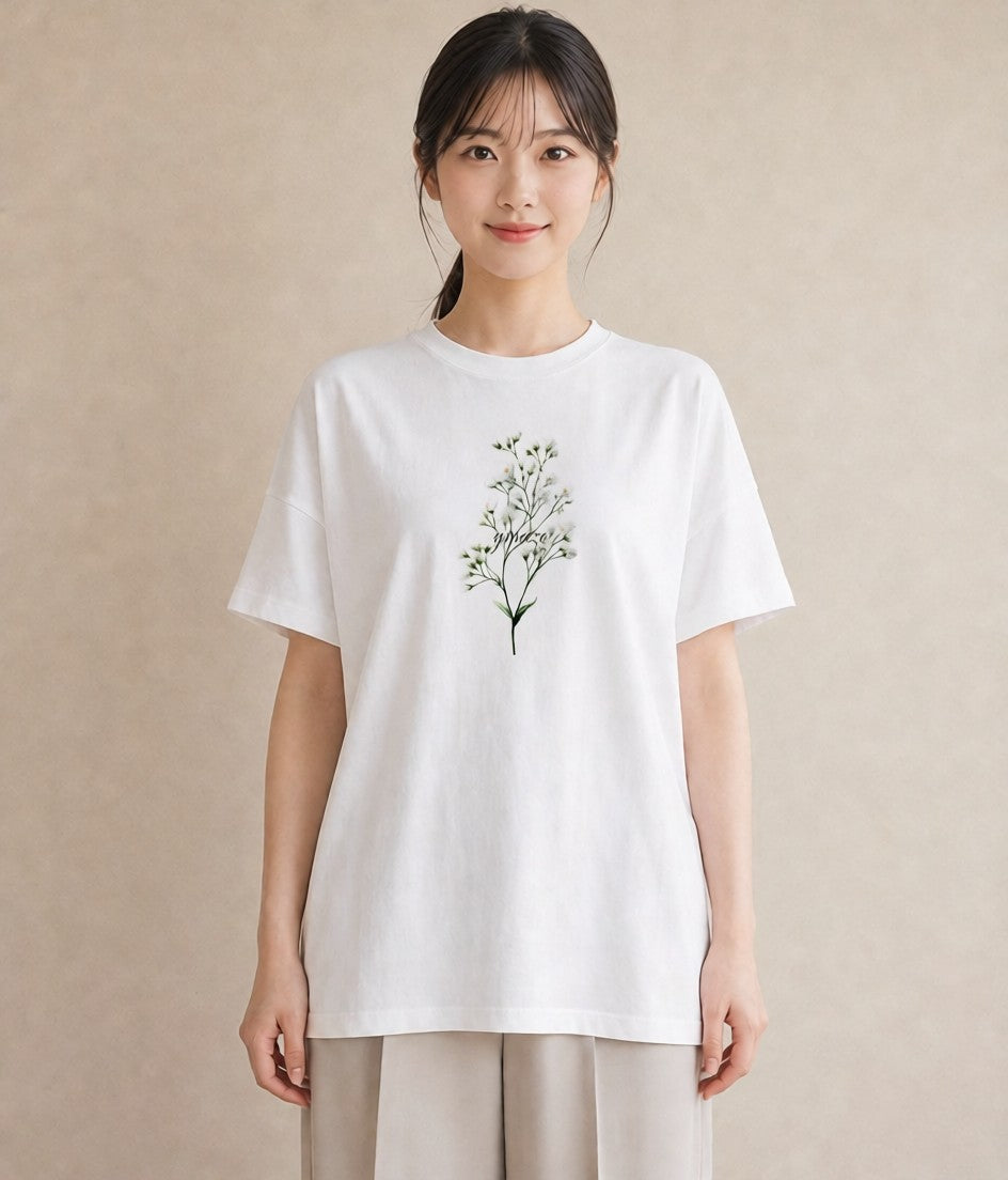 デザインTシャツ レディース カスミソウ かすみ草 花 花柄 イラスト カフェコーデ ペアコーデ 秋コーデ 白T