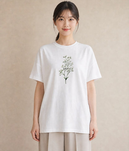 デザインTシャツ レディース カスミソウ かすみ草 花 花柄 イラスト カフェコーデ ペアコーデ 秋コーデ 白T