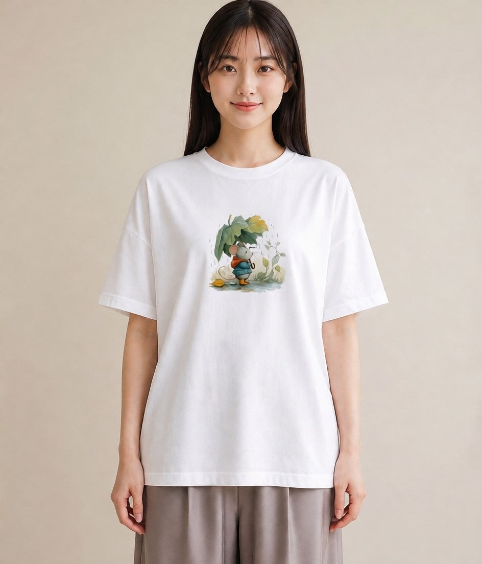 Tシャツ レディース 傘 水たまり 雨 ナチュラル アンティーク イラスト ラフ ホワイトデー 春服 白T YMAZO