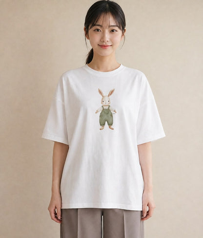 グラフィックTシャツ レディース ミニうさぎ ペット 動物 イラスト 手描き風 ビーチ デイリーウェア 白T YMAZO