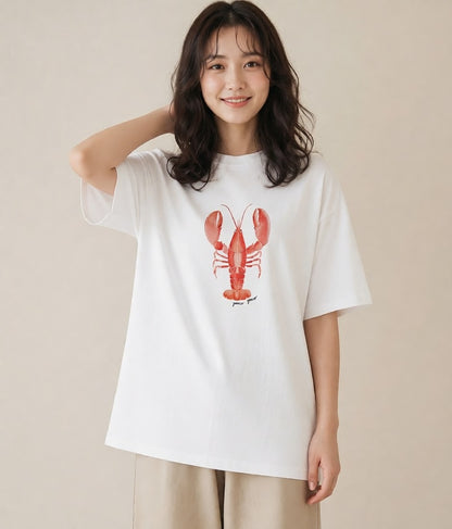 半袖Tシャツ レディース カニ 海の生き物 海 イラスト シック お出かけ 普段着 白T YMAZO
