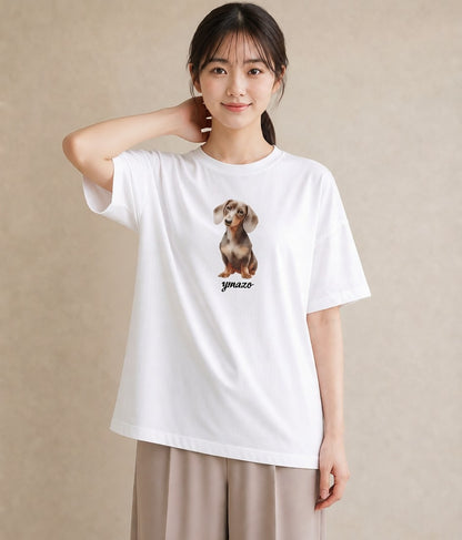 プリントTシャツ レディース ミニチュアダックスフンド 犬 いぬ イラスト ポップ 夏コーデ 通学 白T YMAZO