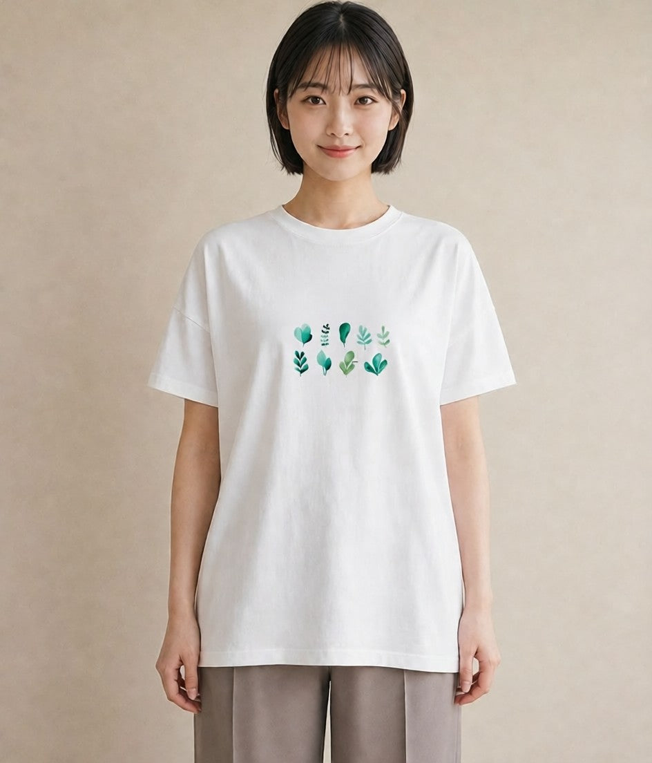 Tシャツ レディース 新緑 植物 ボタニカル イラスト 可愛い ミセス 春コーデ 白T YMAZO