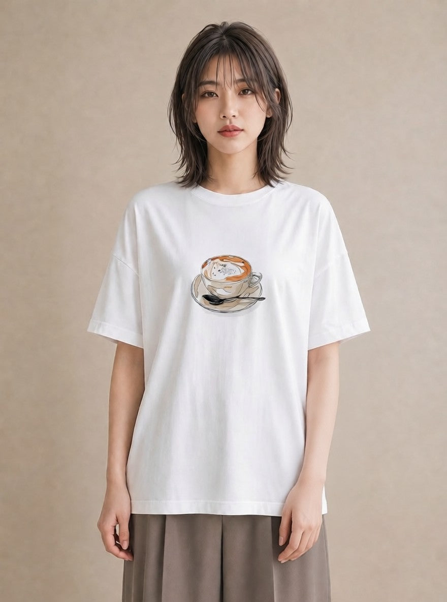 半袖Tシャツ レディース コーヒー 珈琲 カフェ 食べ物 フード イラスト ヴィンテージ風 週末コーデ 敬老の日 白T YMAZO