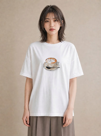 半袖Tシャツ レディース コーヒー 珈琲 カフェ 食べ物 フード イラスト ヴィンテージ風 週末コーデ 敬老の日 白T YMAZO