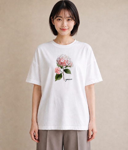 Tシャツ レディース あじさい 紫陽花 アジサイ 花 花柄 イラスト ナチュラル 部屋着 女性向けギフト 白T YMAZO
