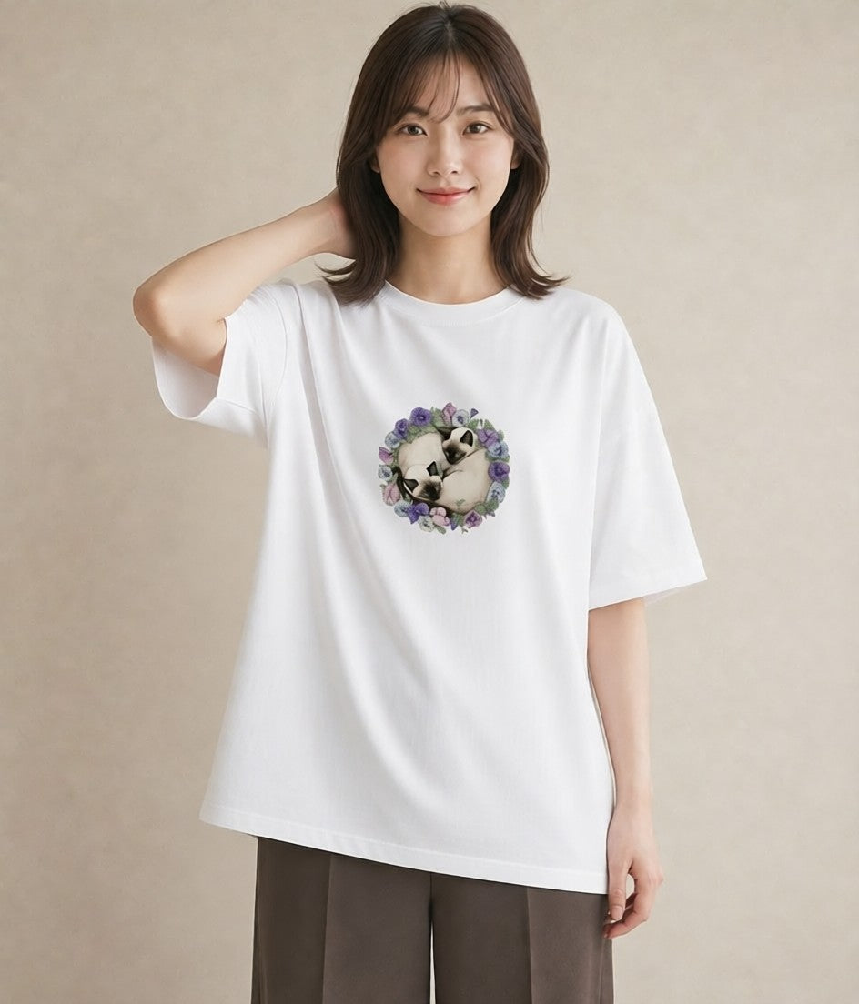 Tシャツ レディース シャム柄 猫 ねこ イラスト ユニーク 女子会 お揃い 白T YMAZO