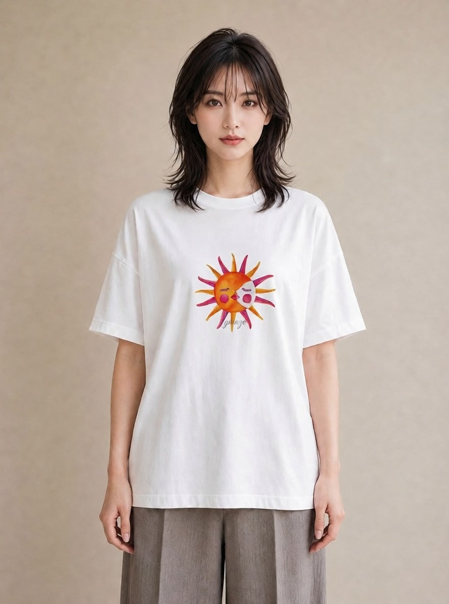 Tシャツ レディース 太陽 星空 宇宙 イラスト レトロ 敬老の日 ホワイトデー 白T YMAZO