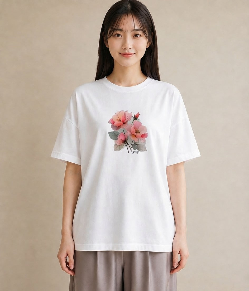 デザインTシャツ レディース 椿 花 花柄 イラスト ポップ 誕生日プレゼント 綿100 白T YMAZO