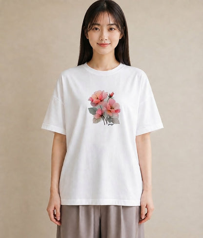 デザインTシャツ レディース 椿 花 花柄 イラスト ポップ 誕生日プレゼント 綿100 白T YMAZO