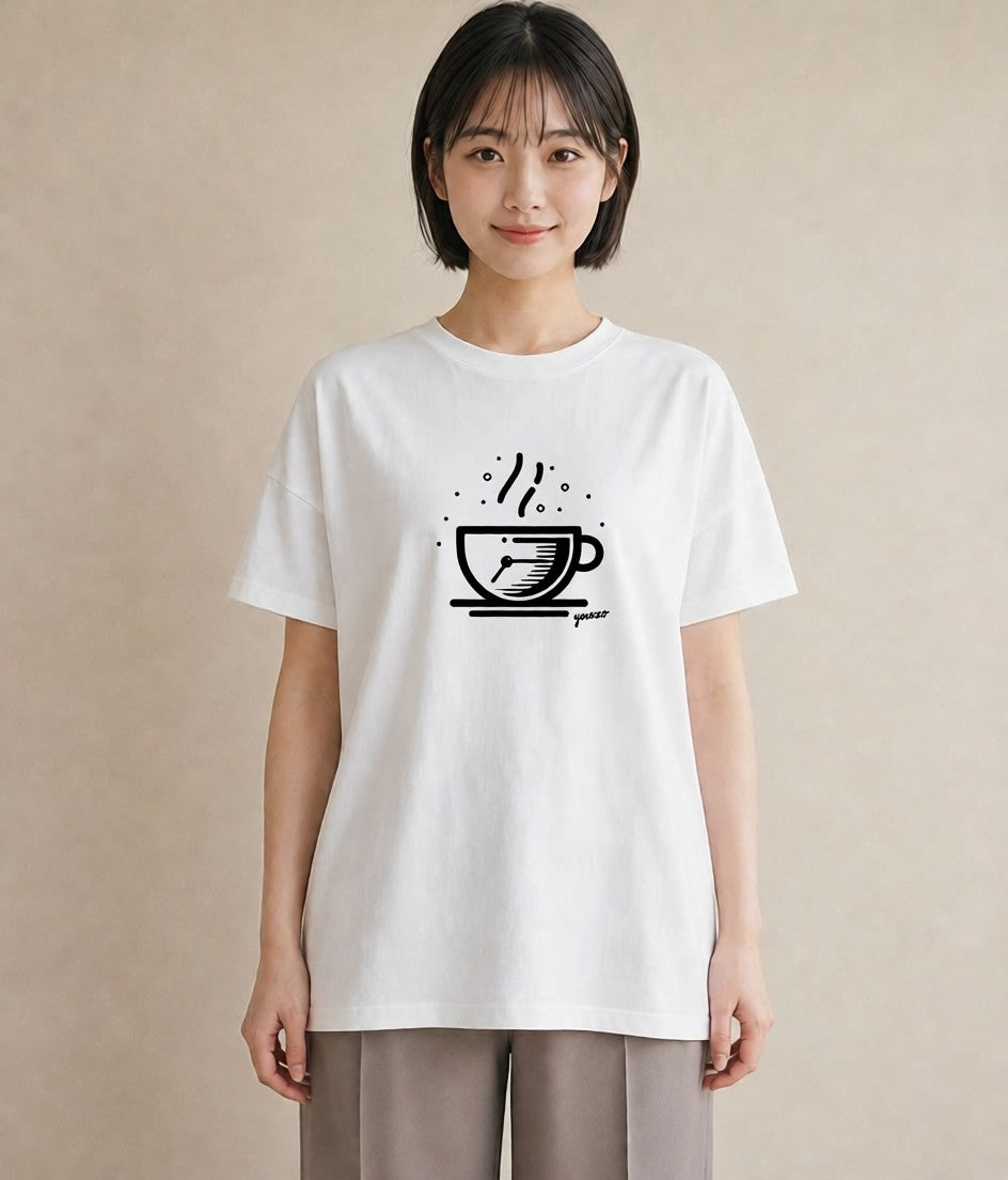 半袖Tシャツ レディース コーヒー カフェ 珈琲 イラスト 手描き風 普段着 週末コーデ 白T YMAZO