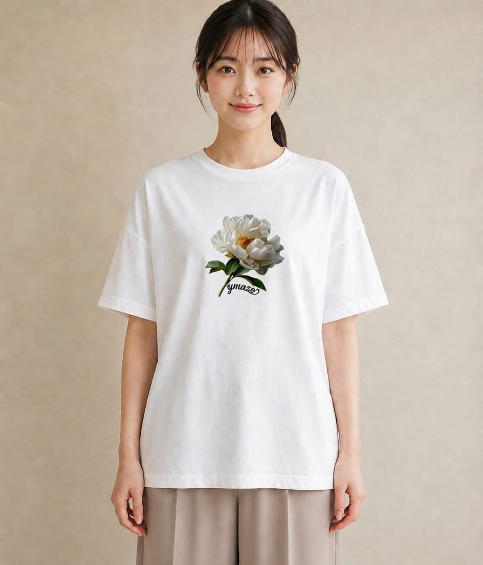 半袖Tシャツ レディース 牡丹 花 花柄 イラスト きれいめカジュアル 旅行用 海 白T YMAZO