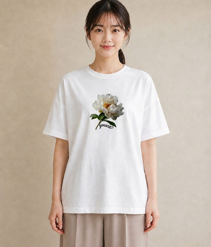 半袖Tシャツ レディース 牡丹 花 花柄 イラスト きれいめカジュアル 旅行用 海 白T YMAZO