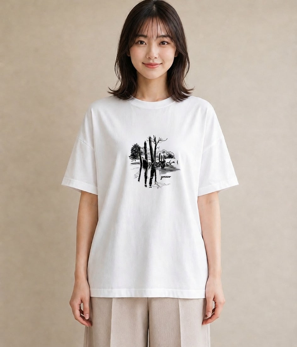 半袖Tシャツ レディース 小川 橋 せせらぎ ナチュラル アンティーク イラスト きれいめカジュアル 海 カフェ巡り 白T YMAZO