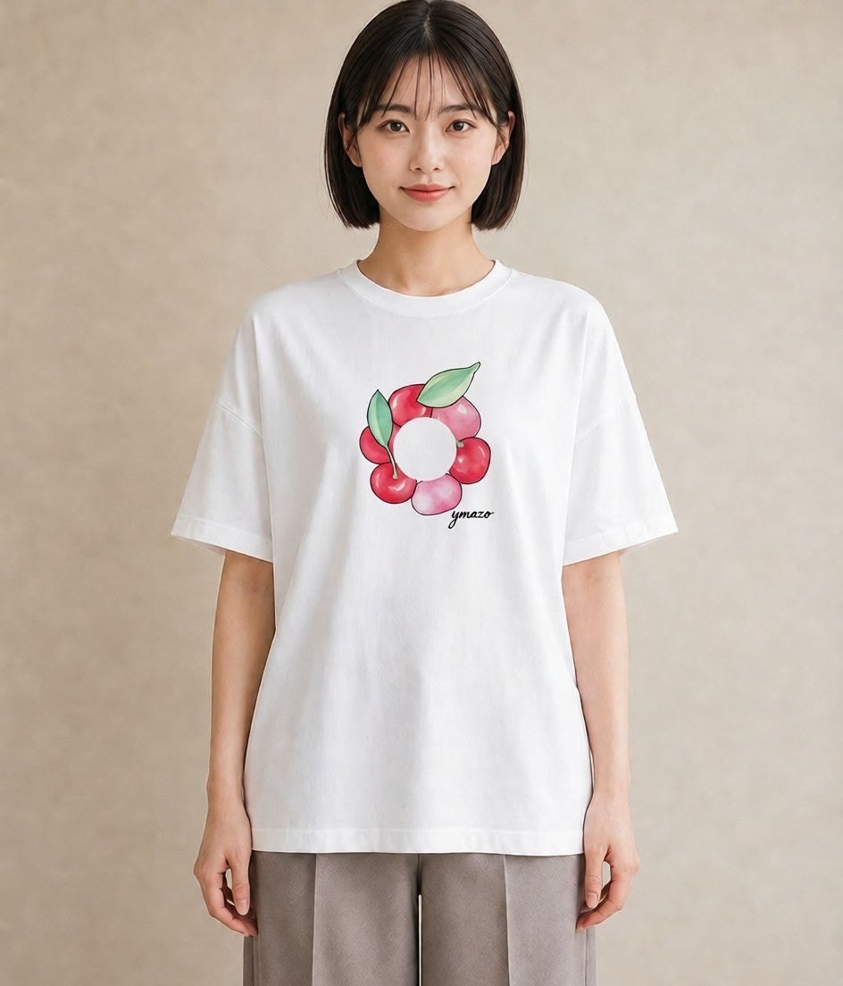 グラフィックTシャツ レディース さくらんぼ チェリー 食べ物 フード イラスト 抜け感 公園 ママ 白T YMAZO