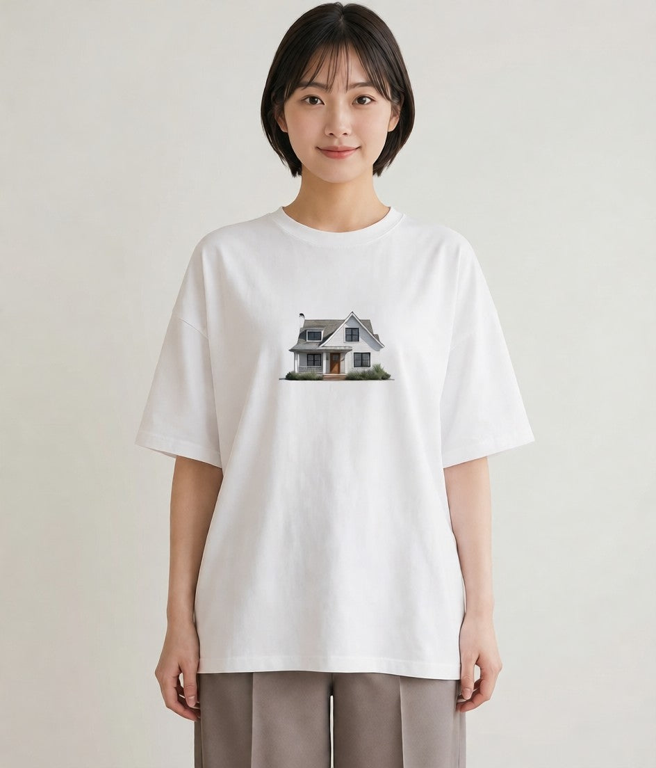 デザインTシャツ レディース 湖畔の小屋 湖 小屋 ナチュラル アンティーク イラスト アート風 女性 旅行用 白T YMAZO