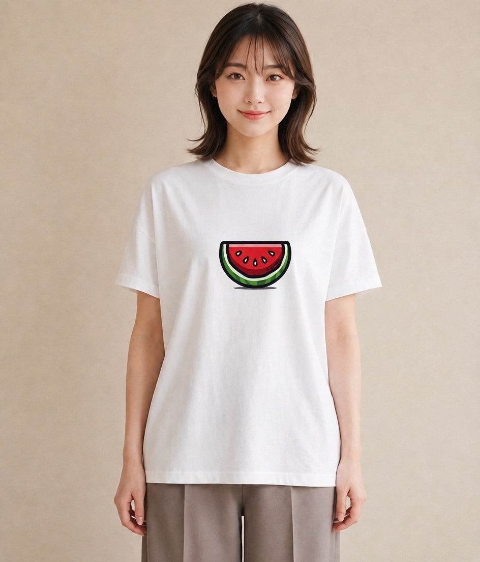 半袖Tシャツ レディース すいか 食べ物 フード イラスト 淡色 ギフト 母の日 白T YMAZO