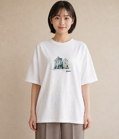 グラフィックTシャツ レディース 湖畔の小屋 湖 小屋 ナチュラル アンティーク イラスト ラフカジュアル 女性 旅行用 白T YMAZO