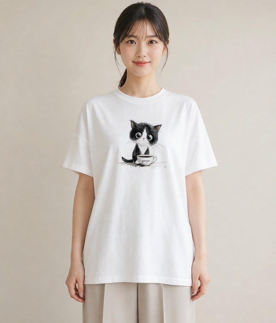 半袖Tシャツ レディース ハチワレ 白黒猫 猫 ねこ イラスト 抜け感 週末コーデ 敬老の日 白T YMAZO