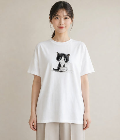 半袖Tシャツ レディース ハチワレ 白黒猫 猫 ねこ イラスト 抜け感 週末コーデ 敬老の日 白T YMAZO