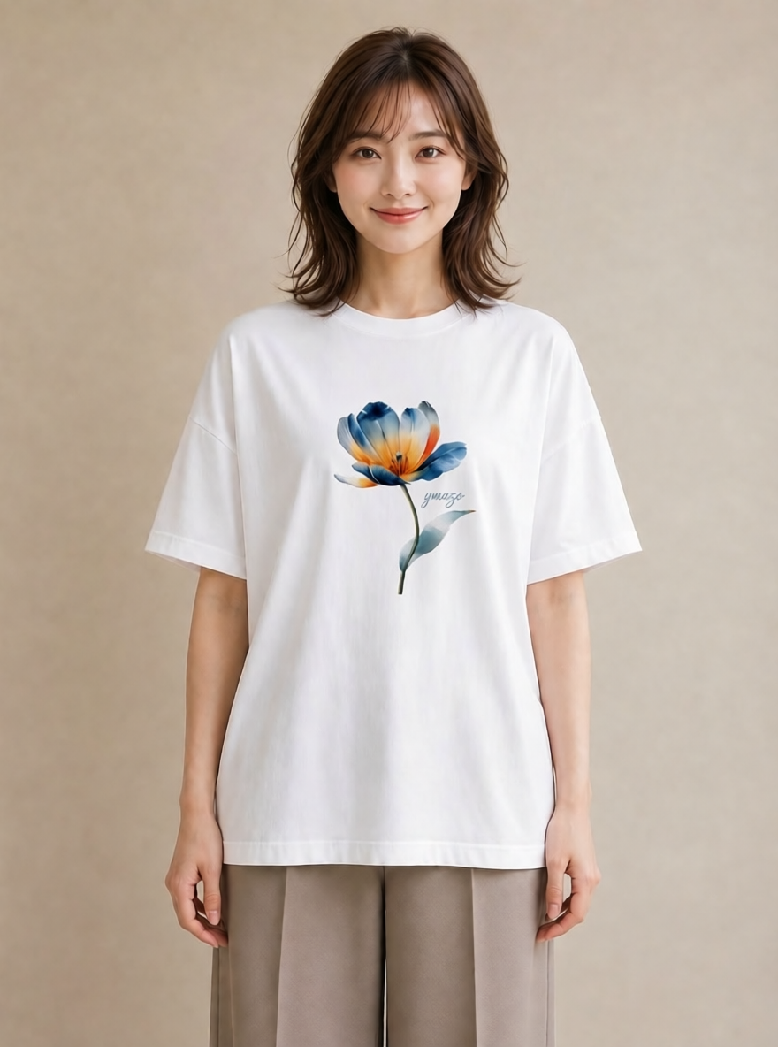 デザインTシャツ レディース ゆり 百合 花 花柄 イラスト アート風 レイヤード 友達ギフト 白T YMAZO