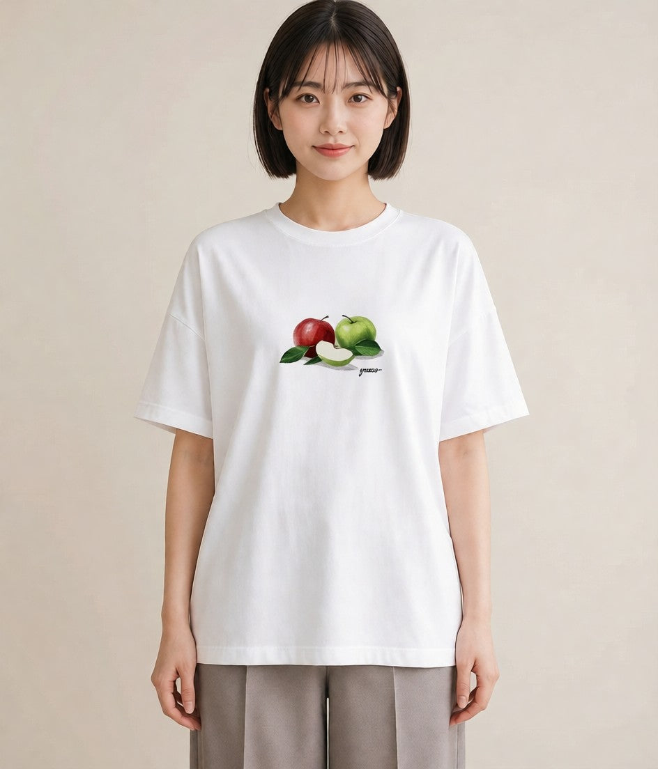 半袖Tシャツ レディース りんご 林檎 アップル 食べ物 フード イラスト 通学 誕生日プレゼント 白T YMAZO