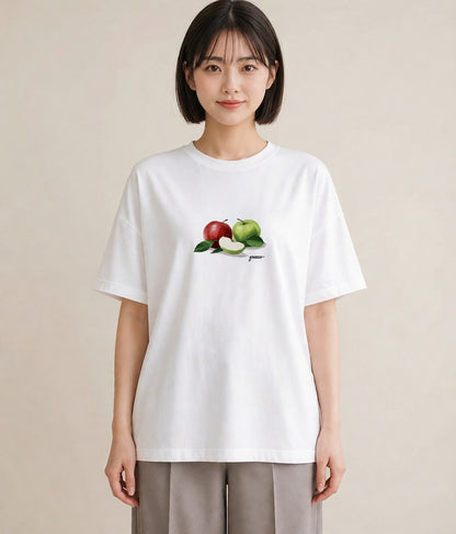 半袖Tシャツ レディース りんご 林檎 アップル 食べ物 フード イラスト 通学 誕生日プレゼント 白T YMAZO