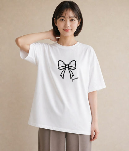 Tシャツ レディース リボン ボウ りぼん イラスト こなれ感 親子 20代 白T YMAZO