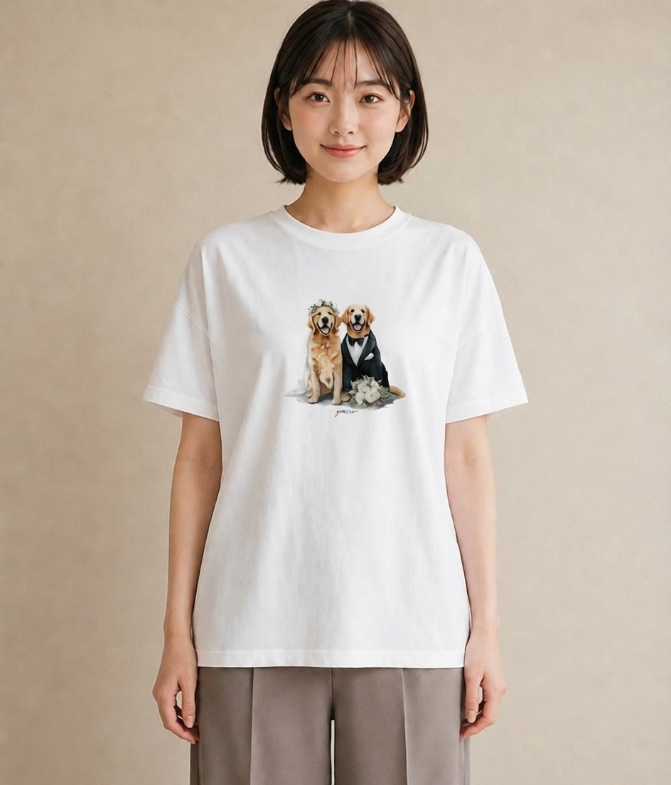 半袖Tシャツ レディース ゴールデンレトリバー ゴールデン 犬 いぬ イラスト ニュアンス 姉妹 送別ギフト 白T YMAZO