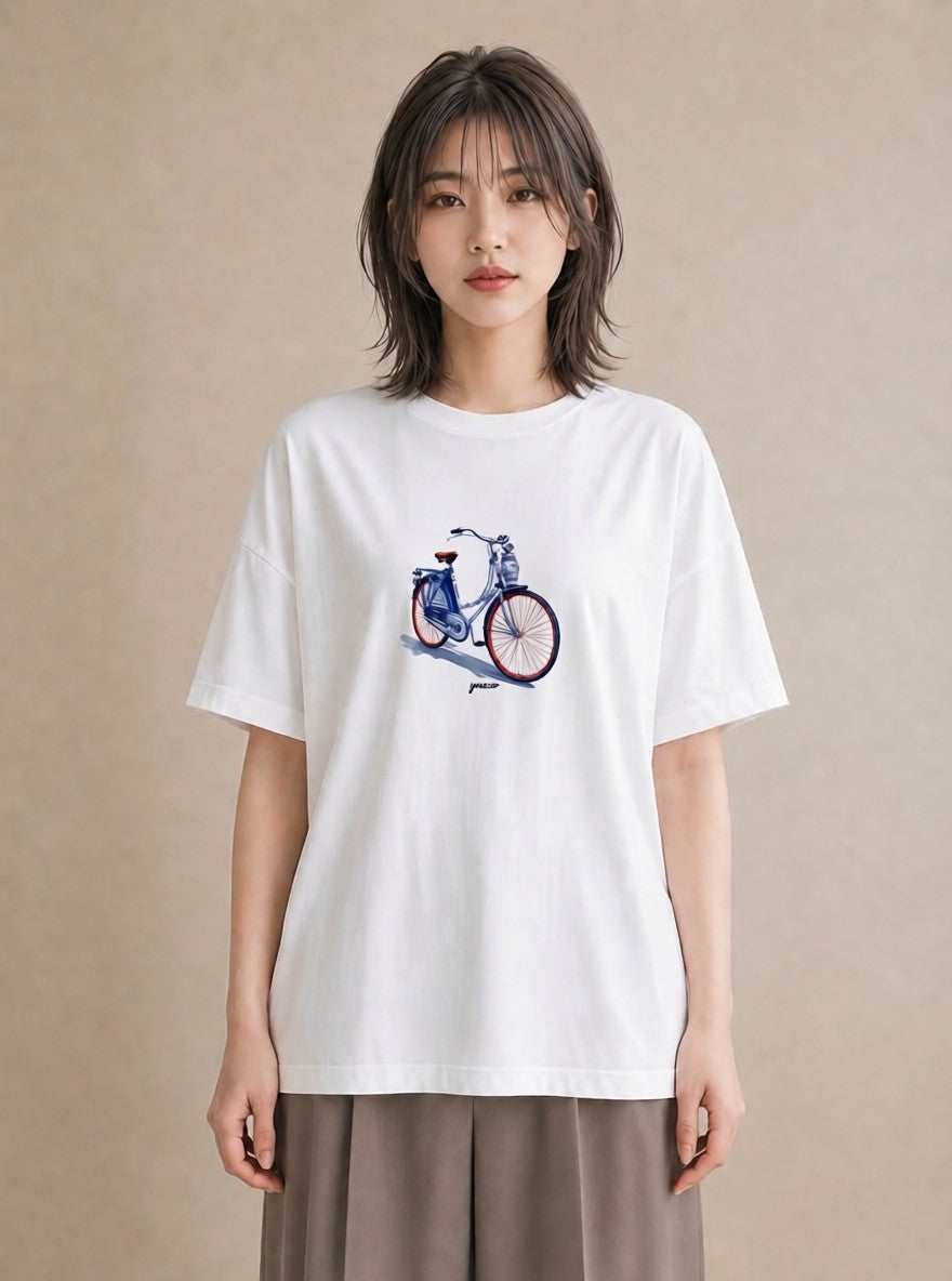 グラフィックTシャツ レディース 自転車のかご 自転車 花かご ナチュラル アンティーク イラスト お洒落 通学 誕生日プレゼント 白T YMAZO