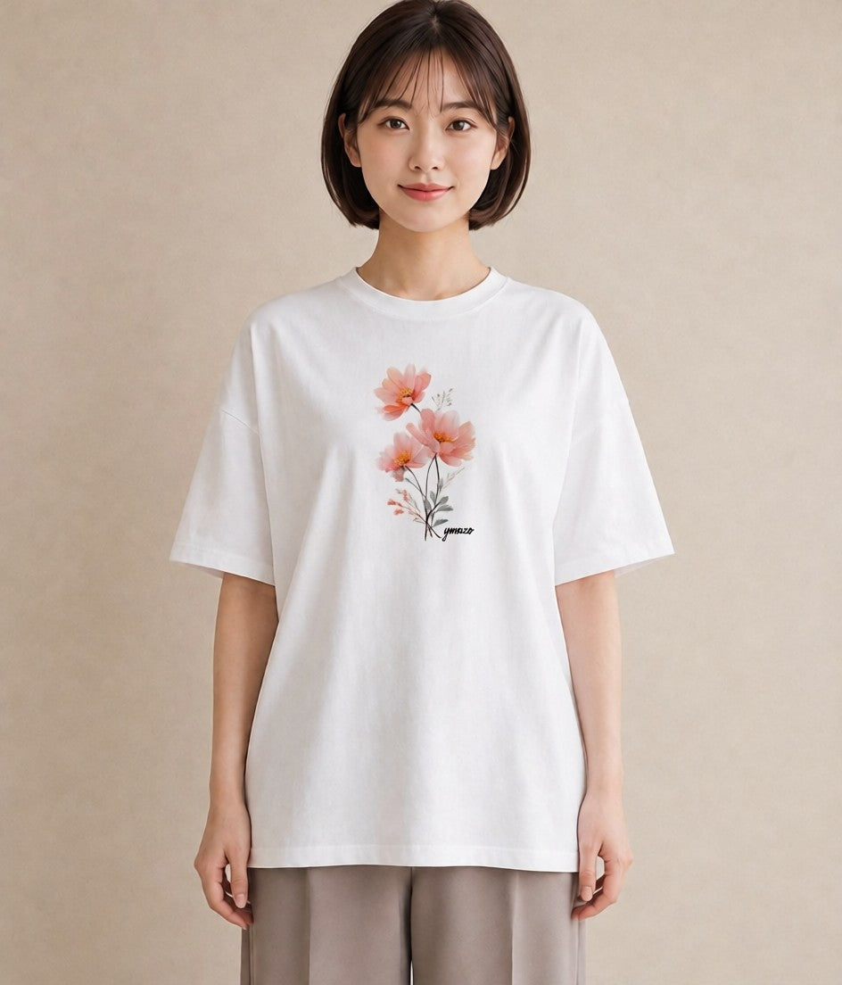 グラフィックTシャツ レディース ポスト 野の花 レトロ ナチュラル アンティーク イラスト こなれ感 通勤 在宅 白T YMAZO