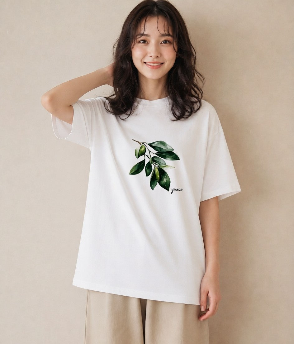 Tシャツ レディース 葉っぱ 植物 ボタニカル イラスト 可愛い ラフ レイヤード 白T YMAZO