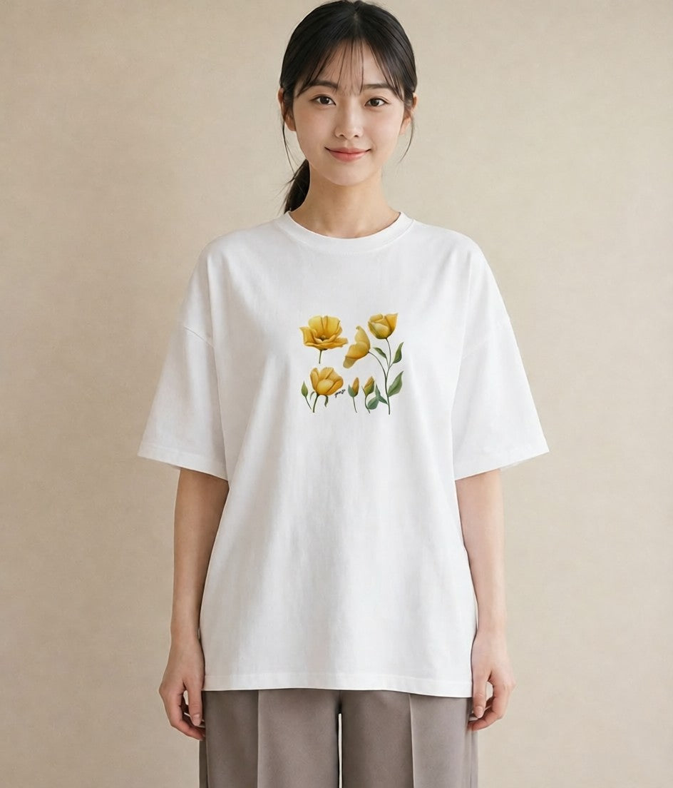 Tシャツ レディース チューリップ 花 花柄 イラスト ゆるコーデ ラフ レイヤード 白T YMAZO