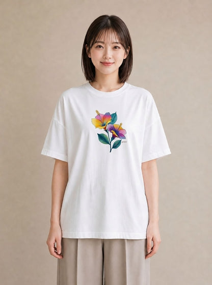 半袖Tシャツ レディース パンジー 花 花柄 イラスト お洒落 女性 旅行用 白T