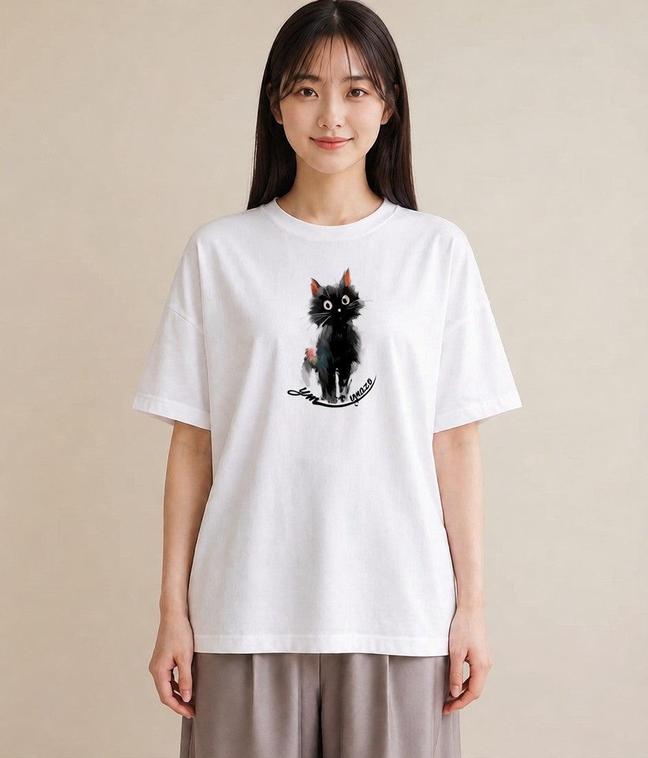 Tシャツ レディース ハチワレ 白黒猫 猫 ねこ イラスト きれいめカジュアル 帰省 ラフ 白T YMAZO