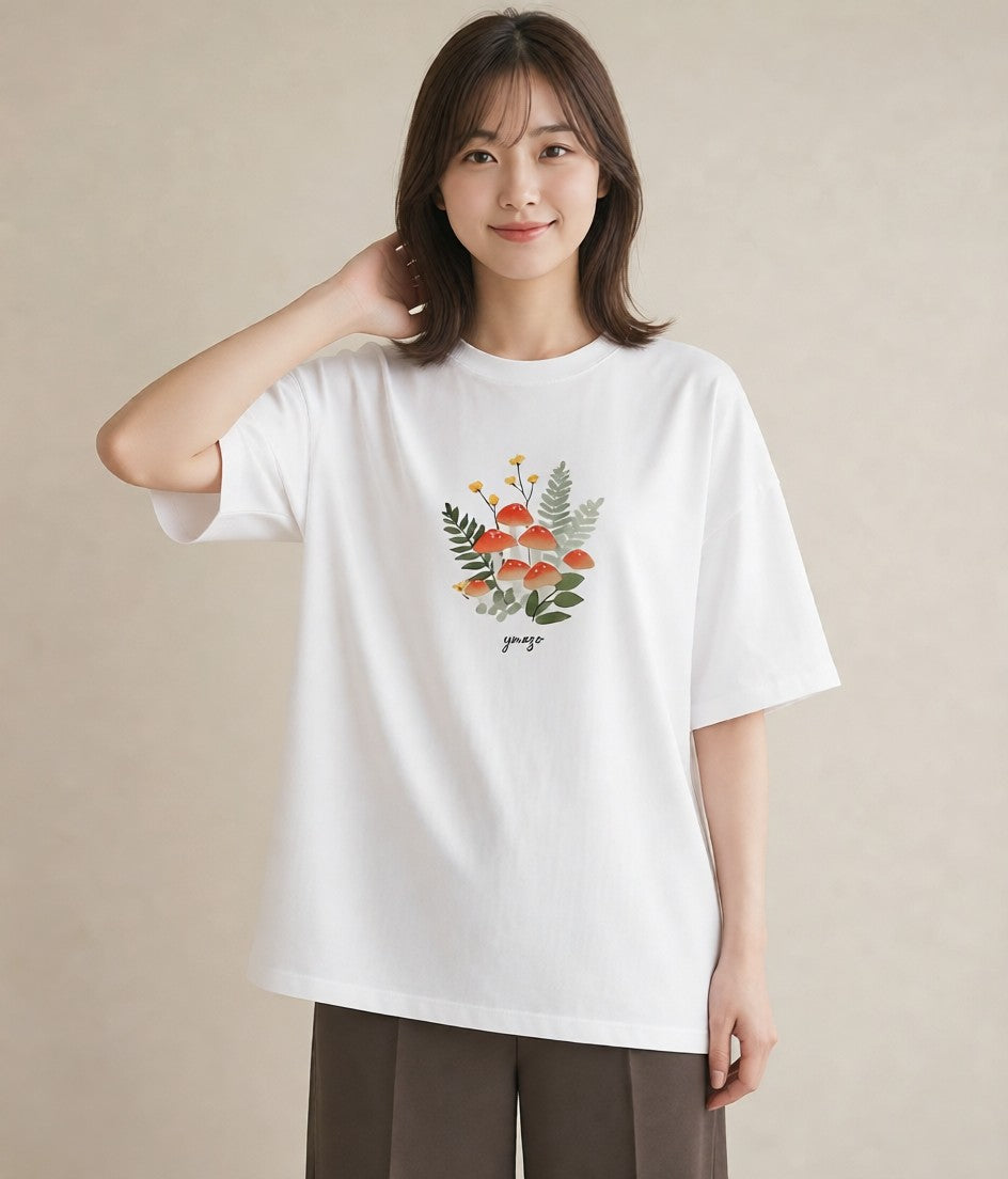 プリントTシャツ レディース きのこ 植物 ボタニカル イラスト きれいめカジュアル 在宅 公園 白T YMAZO