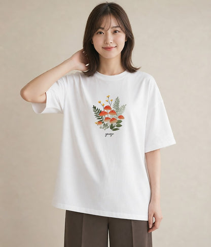 プリントTシャツ レディース きのこ 植物 ボタニカル イラスト きれいめカジュアル 在宅 公園 白T YMAZO