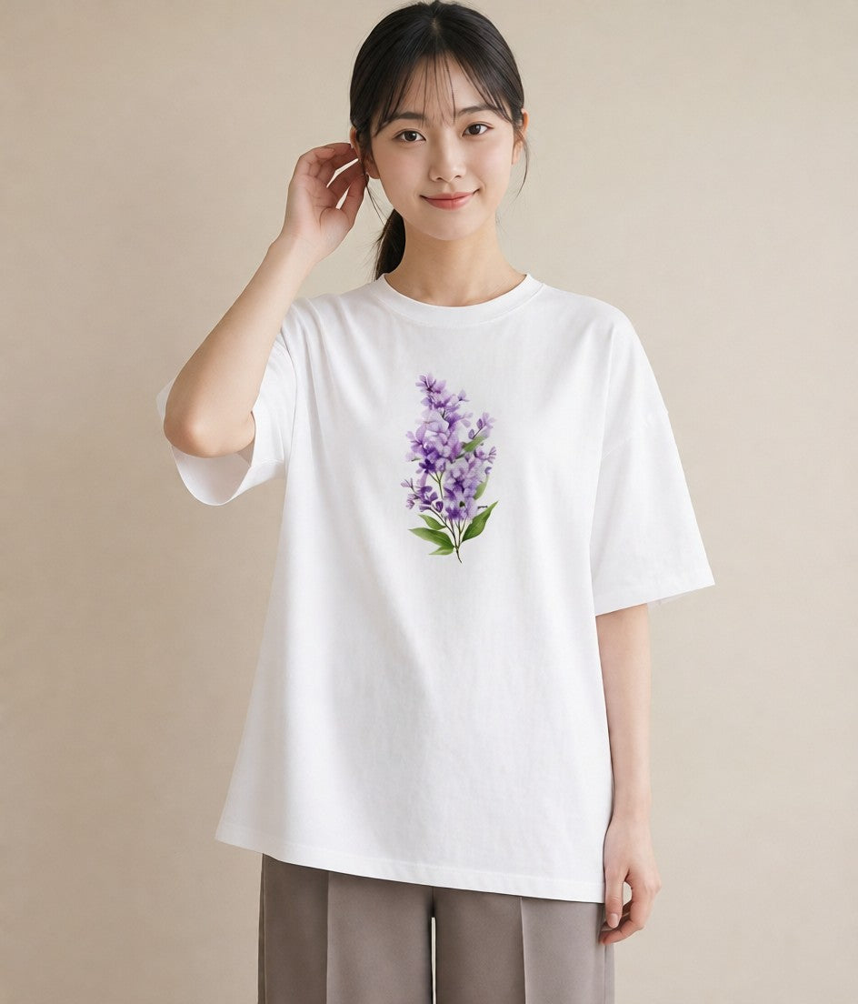 デザインTシャツ レディース スミレ 花 花柄 イラスト シック カジュアルコーデ 買い物 白T