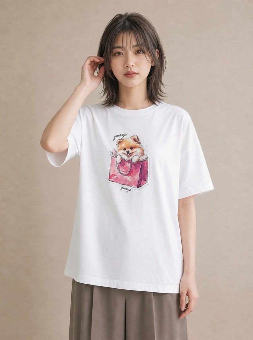 デザインTシャツ レディース ポメラニアン ポメ 犬 いぬ イラスト 北欧風 おしゃれギフト 社会人 白T YMAZO