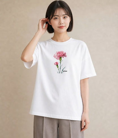 プリントTシャツ レディース カーネーション 花 花柄 イラスト きれいめ 春服 ミセス 白T YMAZO