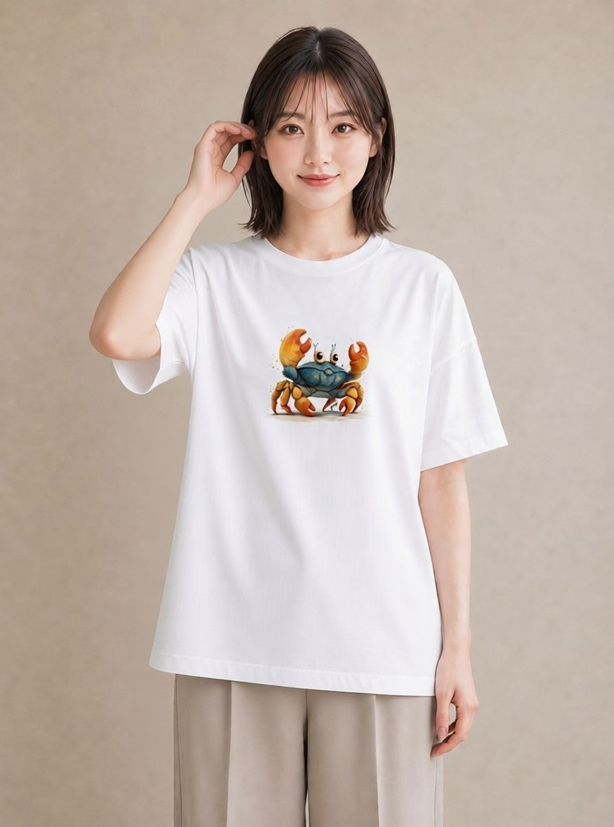 半袖Tシャツ レディース ヤドカリ 海の生き物 海 イラスト フェミニン ママ カフェ服 白T YMAZO
