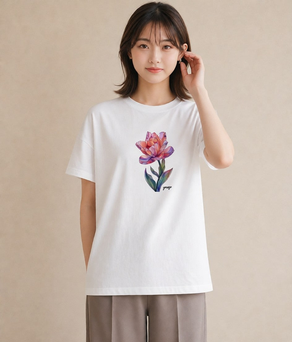 プリントTシャツ レディース チューリップ 花 花柄 イラスト ミニマル 部屋着 女性向けギフト 白T YMAZO