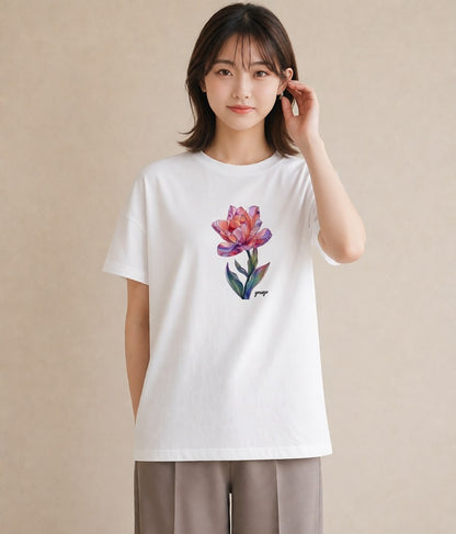 プリントTシャツ レディース チューリップ 花 花柄 イラスト ミニマル 部屋着 女性向けギフト 白T YMAZO