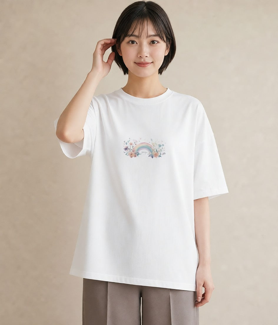 グラフィックTシャツ レディース 虹 星空 宇宙 イラスト デイリーウェア 休日 白T YMAZO