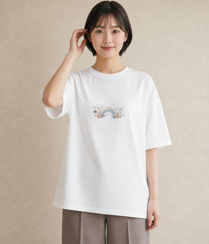グラフィックTシャツ レディース 虹 星空 宇宙 イラスト デイリーウェア 休日 白T YMAZO