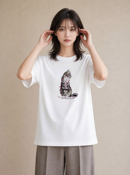 Tシャツ レディース メインクーン 猫 ねこ イラスト 可愛い 部屋着 女性向けギフト 白T YMAZO