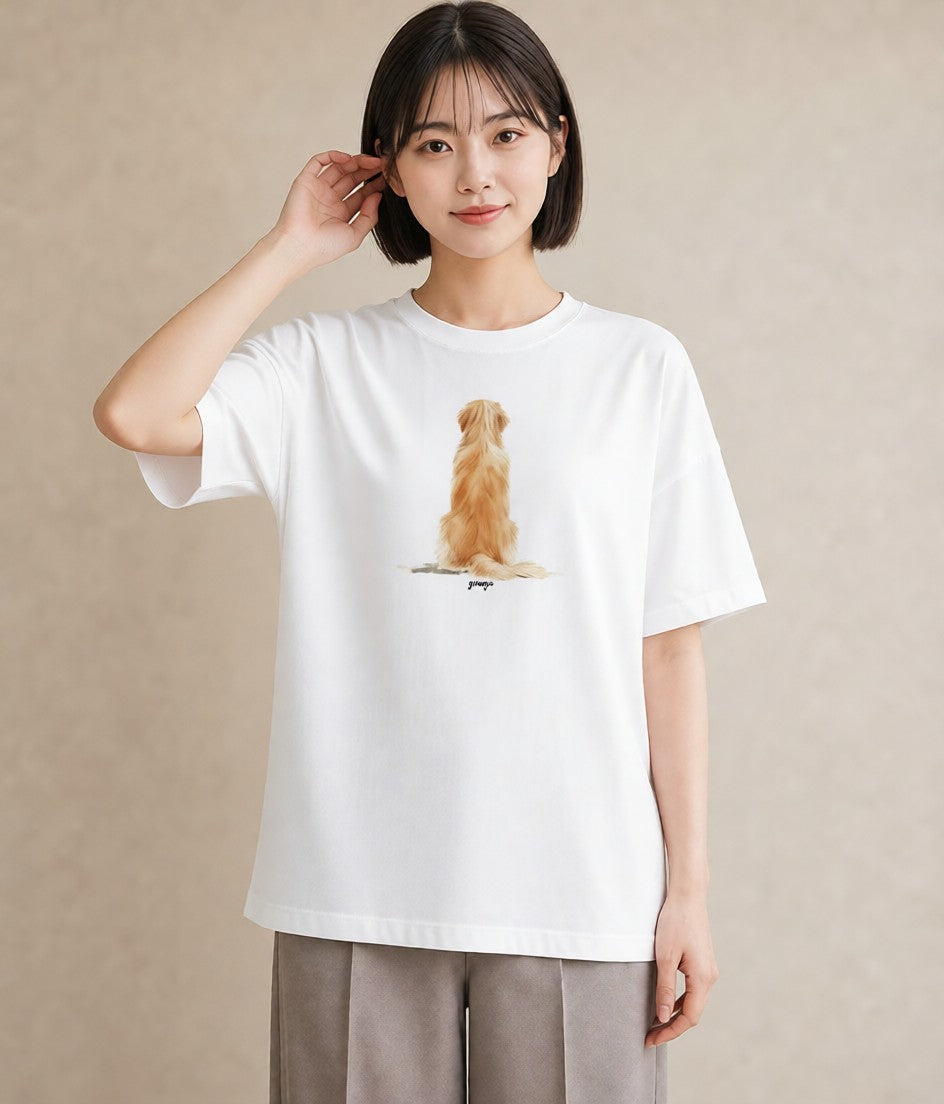 Tシャツ レディース ゴールデンレトリバー ゴールデン 犬 いぬ イラスト お洒落 綿100 デート 白T YMAZO